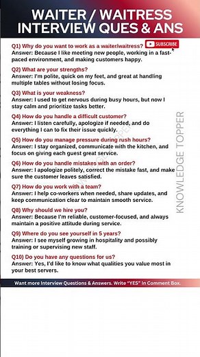 Waiter Interview Questions and Answers | Waitress Interview Questions and Answers