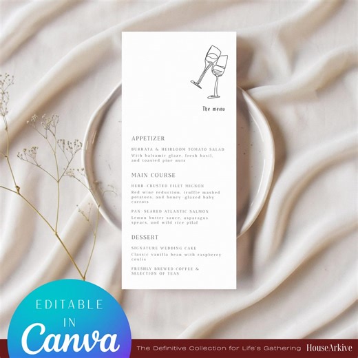 Wedding Menu Template, Wine Glass Line Art Canva Menu Card, Digital Download - Etsy