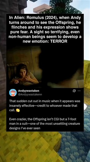 In Alien: Romulus (2024), when Andy turns around to see the Offspring, he flinches and his | Movie Gossip