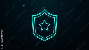 Glowing neon line Police badge icon isolated on black background. Sheriff badge sign. Shield with star symbol. 4K Video motion graphic animation
