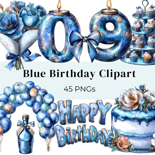 Blue Birthday Clipart: Blue Birthday Graphics, Whimsical Party Decorations Kit, Watercolor Balloons, Cake, Gifts (digital Download, 45 Pngs) - Etsy