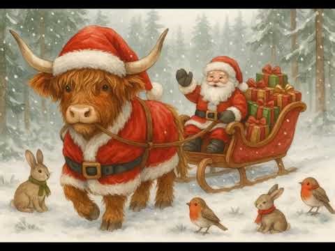 Highland Cow Christmas Art Print – Cozy Winter Farmhouse Décor | Santa Cow Illustration