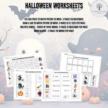 Halloween worksheets-cut and paste, draw a line to match, multiple choice