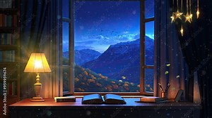 cartoon study room with study lamps with books on the table next to the open window with beautiful Mountain view at night. cartoon animation background.