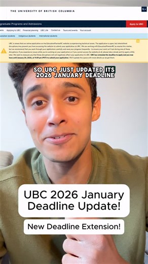 AdmissionPrep on Instagram: "UBC 2026 January deadline update! UBC has extended the application deadline by 5 days. Old Deadline: January 15, 2026 at 11:59pm PST. New Deadline: January 20, 2026 at 11:59 PM PST. While we’ll continue to keep families up to date, we recommend everyone stays up to date with official UBC resources for these updates. See the notice here: https://you.ubc.ca/applying-ubc/dates-deadlines/��Send this to someone applying to UBC!"