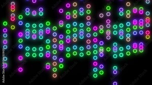 Many small neon balls move up and down and overlap each other. They flash and change color in columns