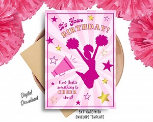Cheerleader Birthday Card | Printable Birthday Greeting | Birthday Cheer | Instant Download | Cheerleader Birthday Theme | Stars | Pom Poms - Etsy