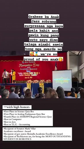 With High Honors🏅 •First Place in Science Quiz Bee •First Place in Araling Panlipunan Quiz Beewith high honors •First Place in Science Quiz Bee •First Place in Araling Panlipunan Quiz Bee •Fourth Place in ASMEPPS Regional Science Quiz •Best in Computer •Best in Arts •Best in T.L.E. - Accounting •Recipient of Senator Mark Villar Academic excellence Award •Recipient of gov. jonvic Remulla Academic Excellence Award •Recipient of Techfactors ins, for being the MOST OUTSTANDING STUDENT IN ROBOTICS •