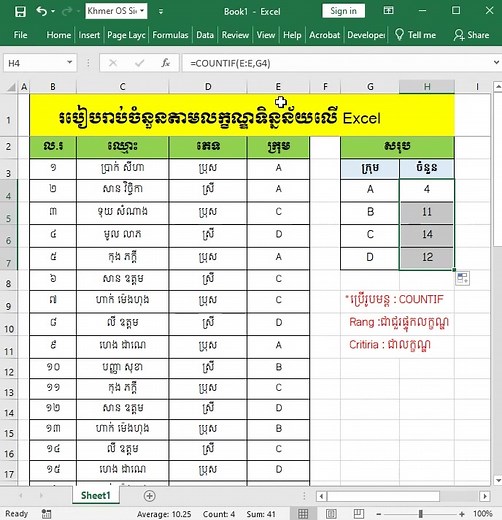 របៀបរាប់ចំនួនក្នុង Excel ដោយប្រេី Countif