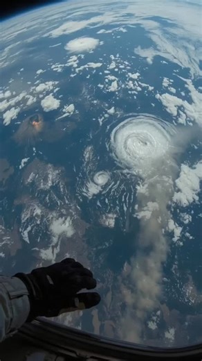 Astrovibe on Instagram: "Orbital mechanics meet Earth's extremes. Astronauts perform critical repairs—replacing damaged radiator panels over melting glaciers and reconnecting a vital data cable with a hurricane churning below. A stunning dance of human precision and planetary power. 🚀❄️🌪️ #Spacewalk #NASA #ClimateChange #Hurricane #AIArt"