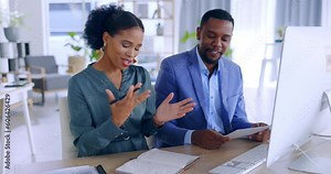 Teamwork, computer research or business people planning a startup agenda or digital project together. Collaboration, black man or African manager talking about mission or our vision to office worker