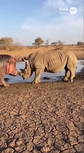 Hippopotamus vs White Rhinoceros #wildlife #animalfight #hippopotamus #rhinoceros