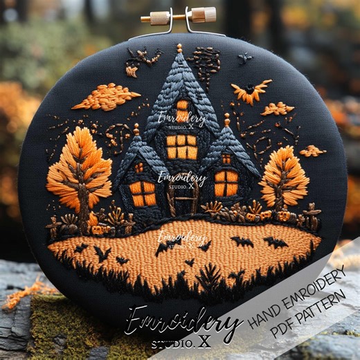 Haunted Halloween Castle Embroidery Pattern: Spooky House With Bats Hand Embroidery Template PDF - Etsy