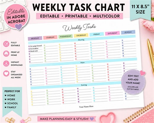 Editable Weekly Task Chart | Kids Family Routine Planner (digital Download) - Etsy
