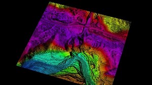original life aerial scan using drones overlasy on top a 3d calculator numeric model of grain quarry in order to measure volume