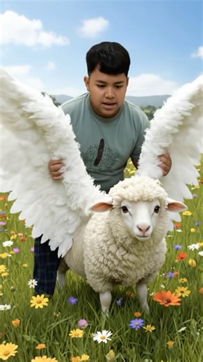 Sheep suddenly sprouts huge angel wings and starts flapping them.
