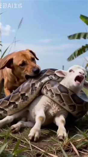 #Python wrapped around sheep's waist, dog seeks owner's help