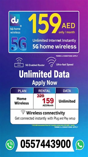 du Home Internet Wireless – UPTO 30% OFF Unlimited 5G for Starting from AED 160/month 🚀 Enjoy ultra-fast, unlimited 5G internet with no data caps ✅ Zero deposit | Free 5G router 🚚 Free delivery | ⚡ Instant activation 📞 Call today 055 744 3900 #du #DuHome #duhomeinternet #duwireless #Duwifi #dubai #ajman #abudhabi #UAEInternetDeals #UAEInternet #sharjah #fujairah #rasalkhaimah #duwirelessdevice #duWireless #Musaffa40 #alnahdadubai #5GNetwork #alqusais #albarsha #alnahda #albutina #movers #etis