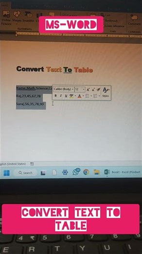 ALT+N,T,V-Text To Table In MS-Word. #mcemv79 #oscit #words #shortcutkeys