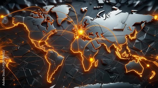 A glowing orange network connecting major cities on a metallic world map, illustrating global communication and data flow.