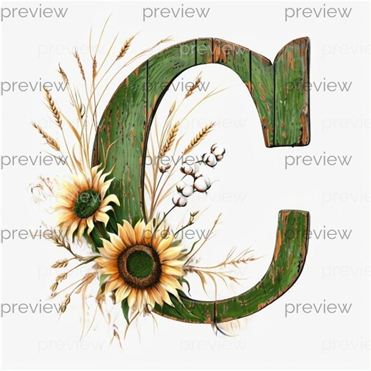 C Rustic Green Letter C With Sunflowers and Wheat - Digital Art for Instant Download - Etsy