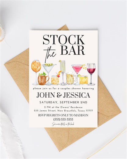 Stock the Bar Wedding Shower Invitation Template (Digital Download), Editable Canva Template