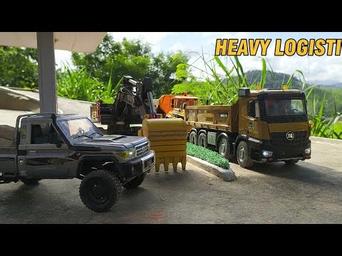 HUINA 1536 RC Truck Transporting Heavy Pipes & HUINA 1592 RC Excavator Deployment