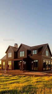Building a custom modern farmhouse with a two-story timber frame, charcoal siding, saffron metal roof, and lush landscaping. | Michael Vu Plus