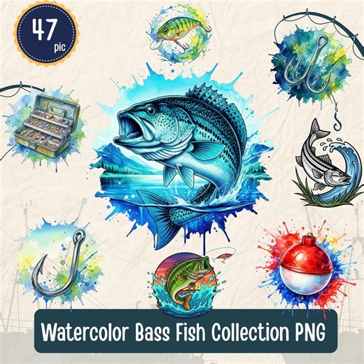 Watercolor Bass Fishing Mega Bundle: 47 Splash-style Illustrations PNG - Commercial Use, Sublimation Graphics - Etsy