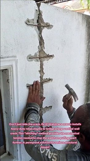 Wall Stitching! 🧱⚙️ How to Fix Major Cracks with Rebar Staples #tips #tricks #lifehacks #how #diy