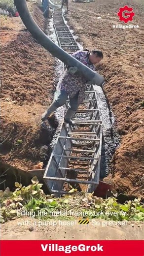 Concrete Pouring: Construction Worker Fills Trench with Cement