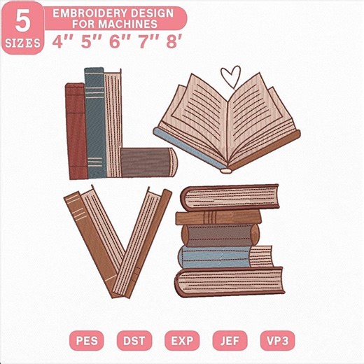 Book Love Embroidery Design, Reading Lover Books Stack File, Library Aesthetic Machine Embroidery PES DST JEF Exp Vp3 Instant Download - Etsy