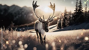 reindeer christmas illumination, falling snow, animated background with reindeer