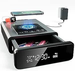 Mboko Biometric Discreet Gun Safe with 12-Hour Time Clock Display, Wireless Charging Pistol Safe for Handgun with Adjustable Brightness, Backlit Keypad, LED Light, and Auto Pop-up Access（Gray）