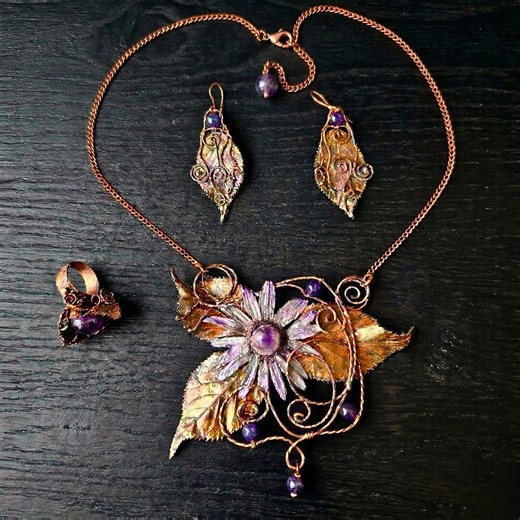 Floral Amethyst Copper Jewelry Set, Real Sakura Leaf Necklace Earrings and Ring, Lightweight Statement Jewelry - Etsy