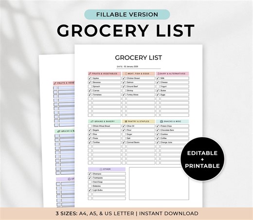 Modèle de liste de courses modifiable, planificateur d'épicerie imprimable, liste de courses, PDF à remplir, A4/A5/Lettre - téléchargement immédiat - Etsy France