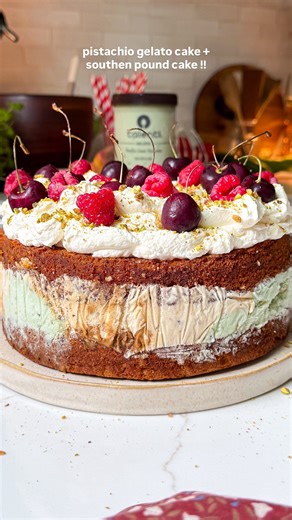 Southern butter pecan gelato pistachio gelato vanilla pound cake = the ultimate holiday dessert #talentipartner Inspired by my southern roots and family holiday traditions, this gelato cake has all those buttery, vanilla-y, and indulgent cravings with @talenti gelato for a surprisingly easy dessert to host this labor day!! #talentisorbetto full recipe is on my blog at abrightmoment.com (or comment “recipe” for the direct link) 🫶🏼 . . #summerrecipes #tomatogirlsummer #summerbaking #icecreamlove