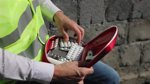 Construction site. foreman at a construction site. First aid kit.Slow motion video. High quality 4k footage