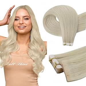 Full Shine Seamless Injection Tape in Hair Extensions Color 1000 Blonde Intact Machine Virgin Human Hair Tape in Extensions 25g 18 Inch Natural Injected Seamless Skin Weft Extensions 10PCS for Women