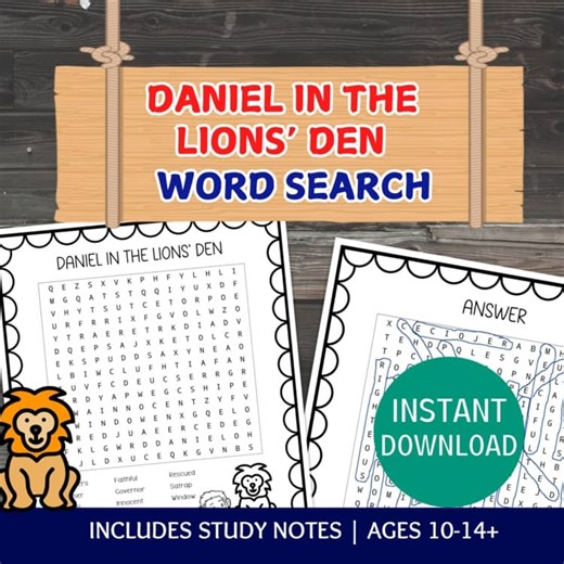 Daniel and the Lions' Den Word Search, Sunday School Lesson, Activity Worksheet