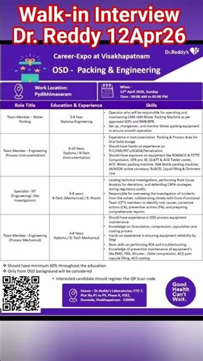 Walk-in Interview I Dr. Reddy Lab | 120426 #job #pharma