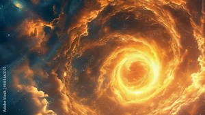 An awe-inspiring scene of a glowing orange spiral vortex set against a backdrop of fiery clouds in deep space. The swirling, radiant colors suggest an intense cosmic phenomenon.