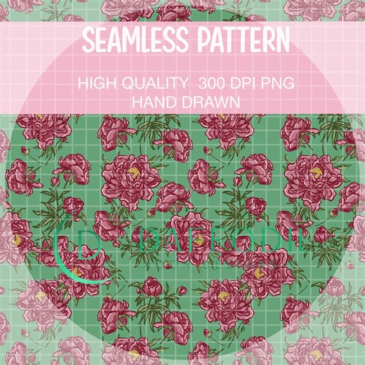 Dark Pink Peony Seamless Pattern: Jade Green Background (300 DPI PNG) - Etsy