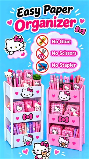 Hello Kitty Paper Organiser|| No Glue No Scissors Paper Craft For School#schoolcrafts#hellokitty#art