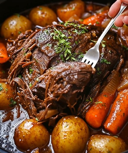 Slow Cooker Beef Pot Roast A tender, fall-apart beef roast simmered slowly with potatoes, carrots, onions, and rich savory gravy. This comforting classic is hearty, flavorful, and perfect for an easy family dinner. Ingredients 3–4 lb beef chuck roast 1 lb baby potatoes 4–5 large carrots, cut into chunks 1 onion, sliced 3 cups beef broth 2 tbsp tomato paste 3 tbsp Worcestershire sauce 3 cloves garlic, minced 1 tsp dried thyme or a few fresh thyme sprigs 1 tsp dried rosemary Salt and black pepper,