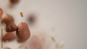SLOW MOTION, DOF, MACRO: Cool detailed shot of hazelnuts and small brown particles exploding into the camera. Tasty pine nuts and delicious dried hazelnuts blast at the camera. Blurry nut blast.