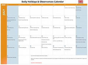July Daily Holidays & Observances Printable Calendar - S&S Blog