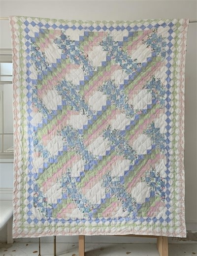 Vintage 1980s Country Lattice Quilt Yellow Floral Blue Prairie Points Queen Size Handmade Bedding - Etsy Australia