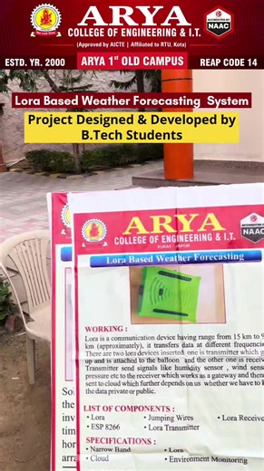 B.Tech students at #AryaCollege of Engineering & IT, Jaipur have crafted a cutting-edge LoRa-based system featuring a long-range modem for robust communication, a weather balloon with a LoRa transmitter capturing Temperature ,humidity, pressure, altitude, and a gateway with Wi-Fi uploading real-time information to the cloud. Watch Arya College's innovative tech! #LoraTechnology #Technology #Innovation #Project #StudentsInnovation | Arya College of Engineering & I.T.
