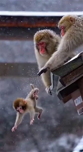 A mother Japanese macaque is engaging in a momentary tumble with another adult on a narrow